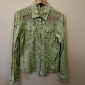 FANG Women's Floral Western Shirt  Embroidered Cotton Green Pink Prairie Size L